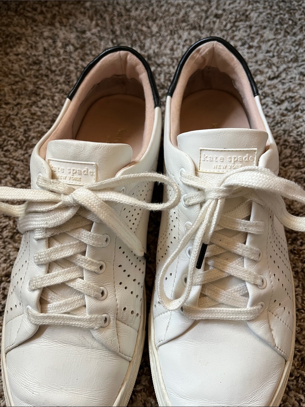 kate spade White Leather Perforated Sneakers with Black Trim